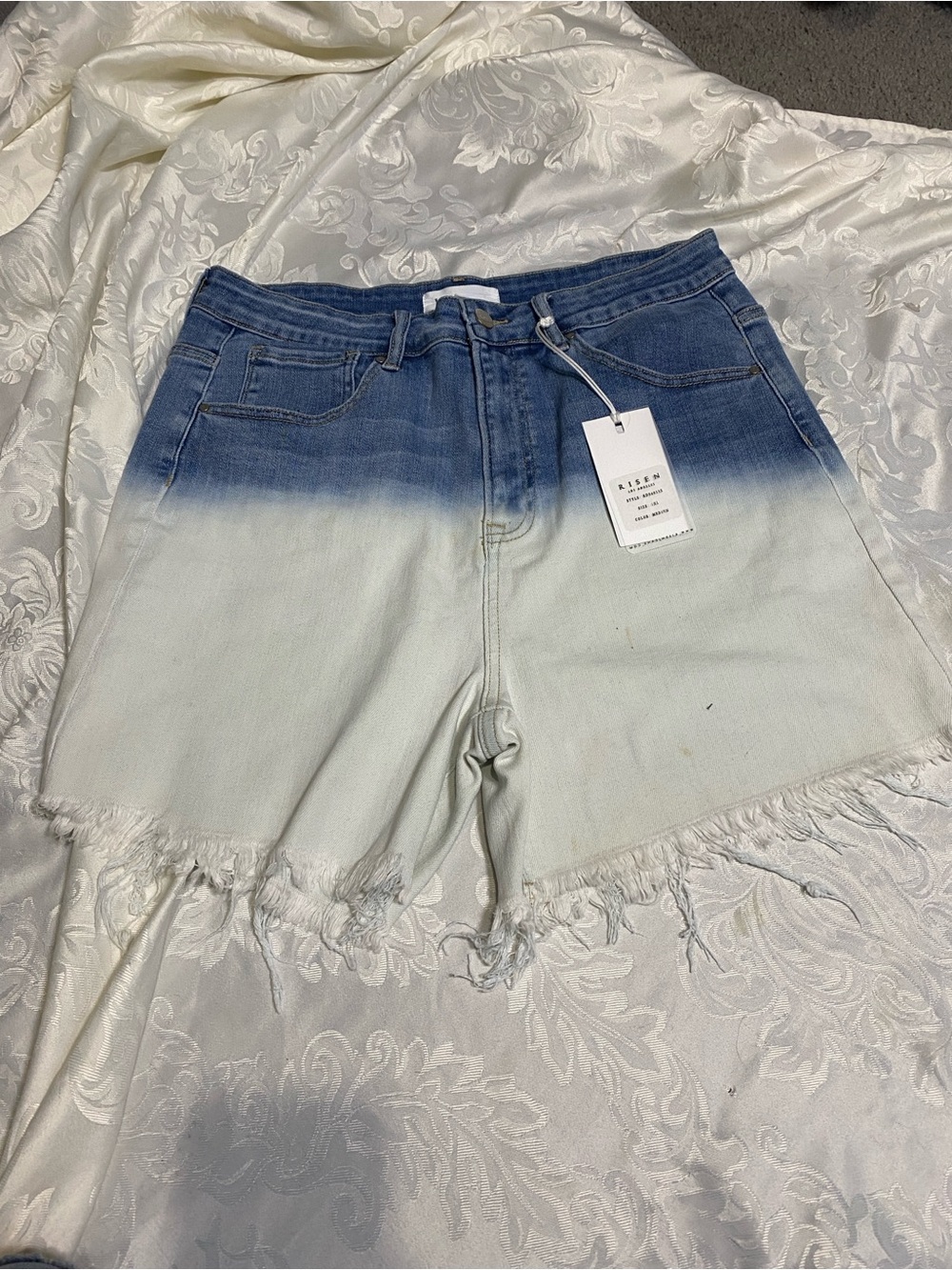 Risen Women's Ombre Denim Dip-Dye High-Waist Shorts boyfriend short cutoff look
